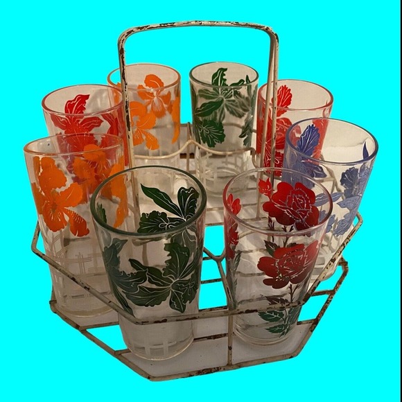 8 Floral Drinking Glasses Wire Caddy 7 Irises Hazel Atlas 1 Rose Libbey Country - Picture 4 of 13